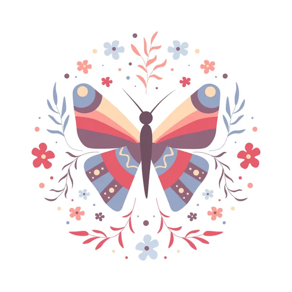 Papillon Avec Des Fleurs Des Feuilles Cercle Sur Fond Blanc — Image vectorielle