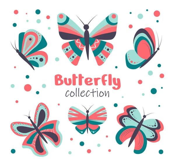 Set Von Bunten Schmetterlingen Auf Weißem Hintergrund Flachem Stil Vektorillustration — Stockvektor