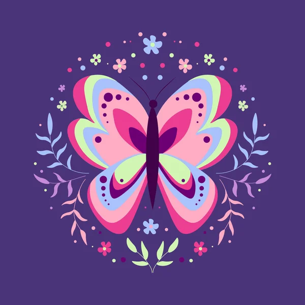 Бабочка Цветами Листьями Кругу Весенний Цветочный Круг Цветами Бабочкой — стоковый вектор