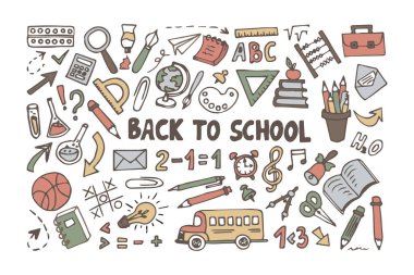 Beyaz arka planda izole edilmiş karalama tarzıyla okula geri döndüm. Karalama harfleri ve okul eşyası koleksiyonu. Çizim simgesi. Vektör illüstrasyonu.