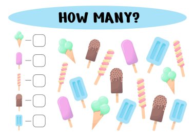 - Çocuklar için oyun sayıyorum. Eğitici matematik oyunu. Kaç tane dondurma var? Numarayı say.