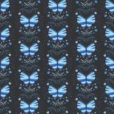 Kelebekleri ve yaprakları koyu bir arka planda izole edilmiş kusursuz bir desen. Kıyafet, duvar kağıdı, mutfak havlusu, masa örtüsü deseni