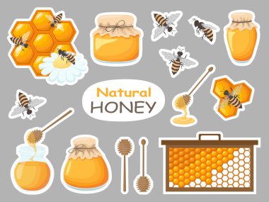 Çıkartmalar: Arılar, taze bal, kavanozlar, bal kaşığı, çiçekler, bal peteği. Organik ürün ve arka planlar tasarlamak için kullanışlı. Vektör illüstrasyonu.