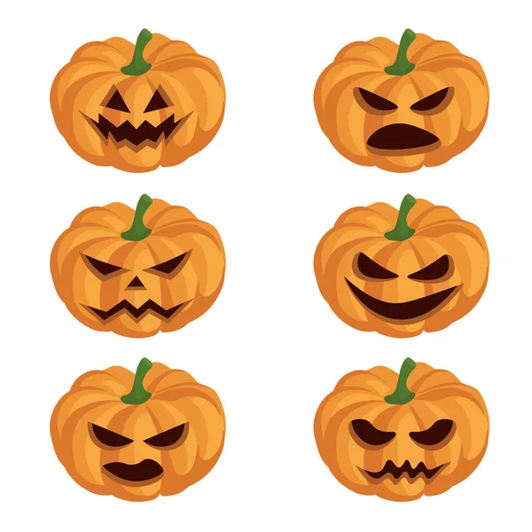 Ensemble Citrouilles Orange Avec Différents Sourires Pour Halloween Jour Isolé — Image vectorielle