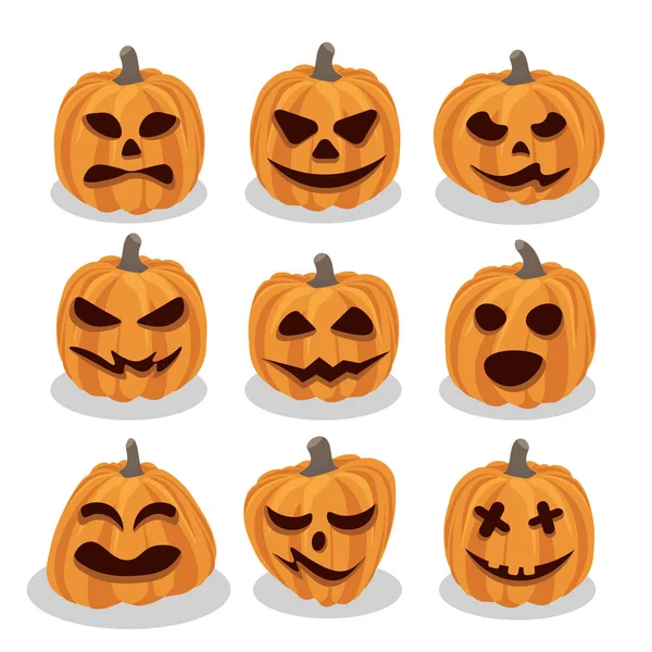 Zestaw Pomarańczowych Dyń Różnymi Uśmiechami Halloween Dzień Izolowany Białym Tle — Wektor stockowy