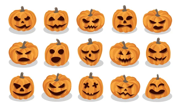 Zestaw Pomarańczowych Dyń Różnymi Uśmiechami Halloween Dzień Izolowany Białym Tle — Wektor stockowy