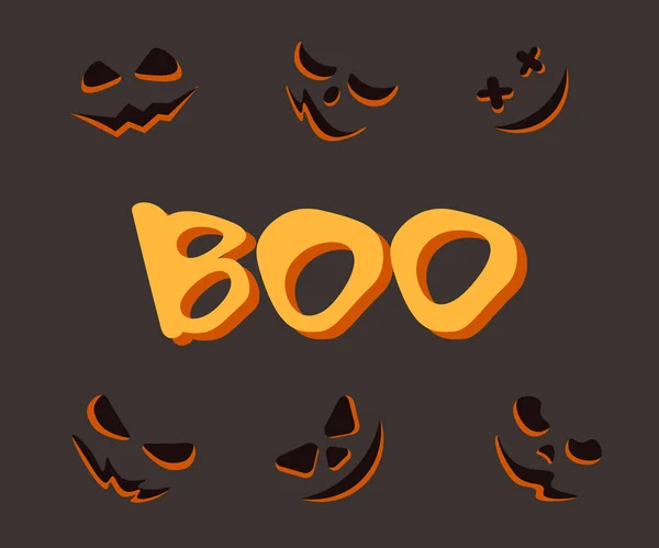 Halloween Boo Różnymi Przerażającymi Twarzami Ciemnym Tle Ilustracja Wektora — Wektor stockowy