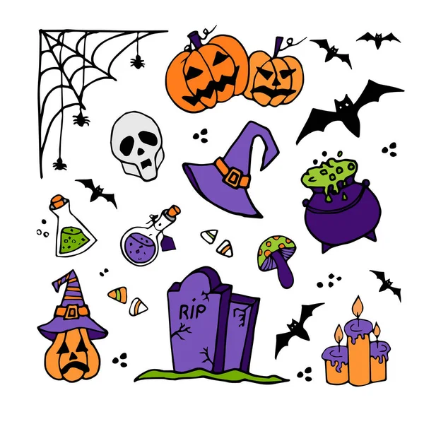 Pacote de ilustração de halloween estilo de desenho animado doodle coleção  de design plano coisas assustadoras truques ou travessuras