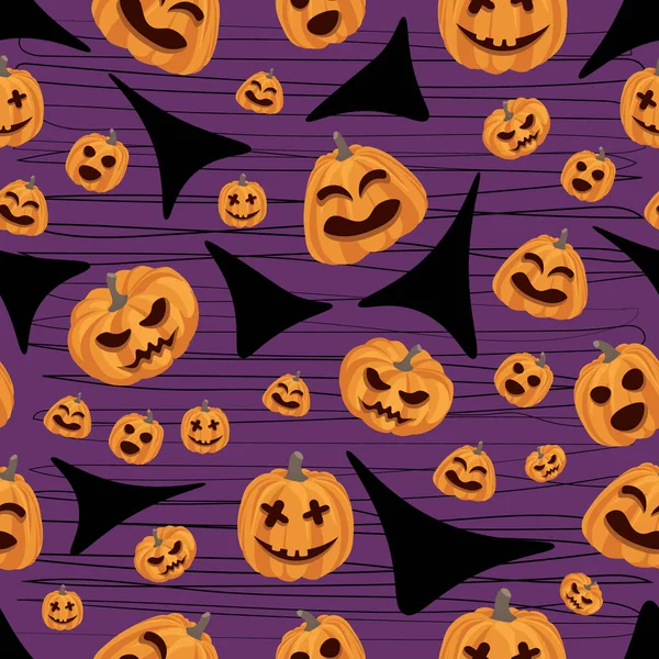 Patrón Sin Costuras Con Diferentes Calabazas Halloween Sobre Fondo Oscuro — Vector de stock