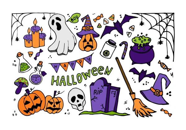 Big Set Halloween Bilder Doodle Stil Isoliert Auf Weißem Hintergrund — Stockvektor