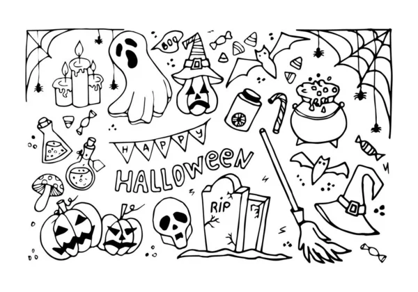 Großes Set Mit Halloween Elementen Auf Weißem Hintergrund Doodle Stil — Stockvektor