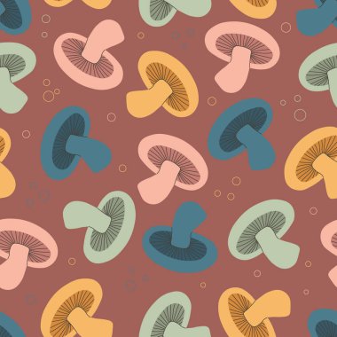 Sonbahar mantarlı kusursuz desen. Ambalaj kağıdı, kumaş, giysi, duvar kağıdı, arka plan ve daha fazlası için mükemmel. Vektör illüstrasyonu