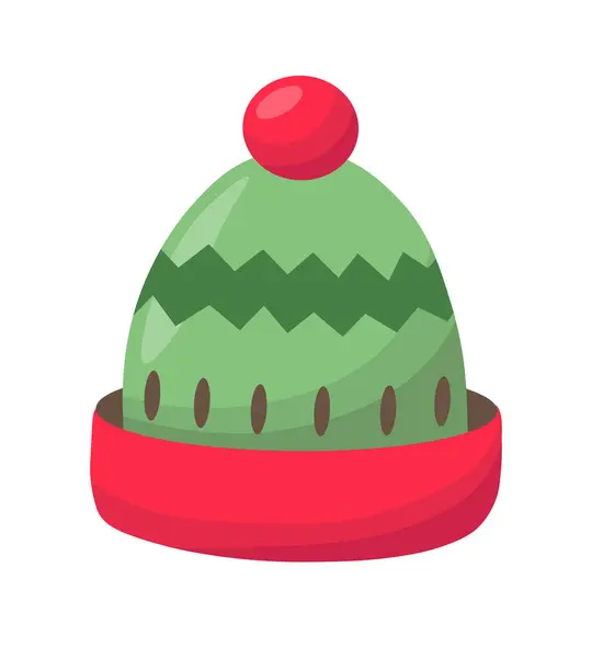 Sombrero Invierno Verde Rojo Con Patrón Pompón Tocado Año Nuevo — Vector de stock