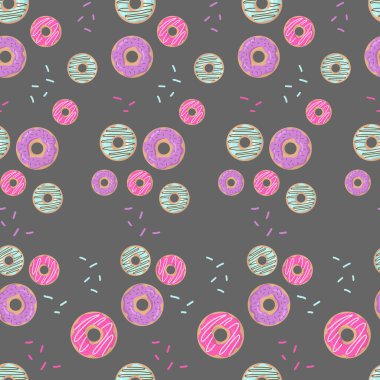 Koyu arkaplanda renkli donutlarla el çizimi, pürüzsüz desen. Vektör illüstrasyonu