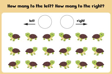 Kaç tane sağ ve sol kaplumbağa var? Çocukların sağdan soldan öğrenmesi için bir sayfa. Skor oyunu. Çocuklar oyun sayıyor. Vektör illüstrasyonu