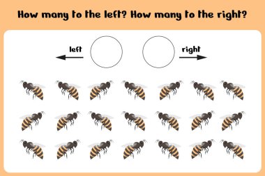 Kaç tane sağ ve sol arı var. Çocukların sağdan soldan öğrenmesi için bir sayfa. Skor oyunu. Çocuklar oyun sayıyor. Vektör illüstrasyonu
