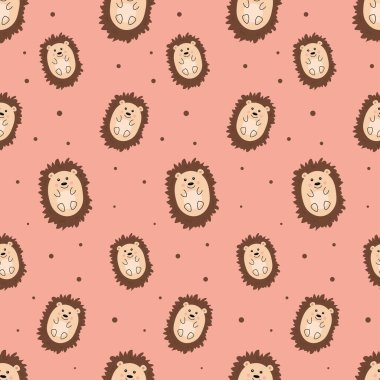 Çocuk kıyafetleri için parmak izi. Pastel turuncu arka planda şirin kirpiler olan kusursuz bir desen. Vektör illüstrasyonu