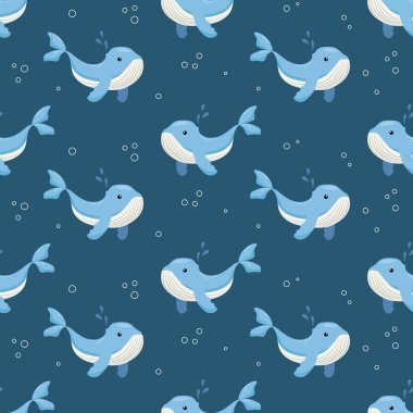 Koyu mavi arka planda sevimli balinalar olan kusursuz bir desen. Kıyafetler için çocuk şablonu. Vektör illüstrasyonu