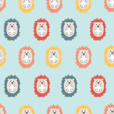 Şirin renkli kirpilerle kusursuz desen. Kıyafetler için çocuk şablonu. Güzel hayvan izi. Vektör illüstrasyonu