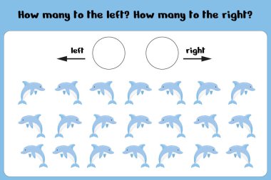 Sağda ve solda kaç yunus var? Çocukların sağdan soldan öğrenmesi için bir sayfa. Skor için maç. Çocuk sayma oyunu. Vektör illüstrasyonu