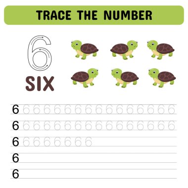 Numarayı takip et. Anaokulu için numara çalışma listesi, anaokulu numaraları ve el yazısı alıştırması aktiviteleri. Eğitici çocuklar oyunu, basılabilir çalışma tablosu. Vektör illüstrasyonu