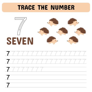 Numarayı takip et. Anaokulu için numara çalışma listesi, anaokulu numaraları ve el yazısı alıştırması aktiviteleri. Eğitici çocuklar oyunu, basılabilir çalışma tablosu. Vektör illüstrasyonu