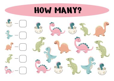 Kaç tane dinazor var? Dinozorların sayısını say. Anaokulu çocukları için sayım oyunu. Vektör İllüstrasyonu