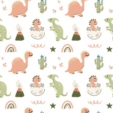 Beyaz arka planda sevimli dinozorlar olan kusursuz bir model. Çocuk kıyafetleri ve ambalaj kağıtları için parmak izi. Vektör illüstrasyonu