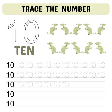 Numarayı takip et. Anaokulu için numara çalışma listesi, anaokulu numaraları ve el yazısı alıştırması aktiviteleri. Eğitici çocuklar oyunu, basılabilir çalışma tablosu. Vektör illüstrasyonu