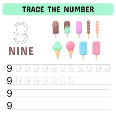 Numarayı takip et. Anaokulu için numara çalışma listesi, anaokulu numaraları ve el yazısı alıştırması aktiviteleri. Eğitici çocuklar oyunu, basılabilir çalışma tablosu. Vektör illüstrasyonu