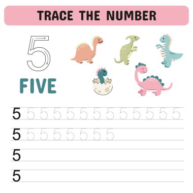 Numarayı takip et. Anaokulu için numara çalışma listesi, anaokulu numaraları ve el yazısı alıştırması aktiviteleri. Eğitici çocuklar oyunu, basılabilir çalışma tablosu. Vektör illüstrasyonu