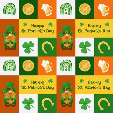 Seamless pattern with various elements for St. Patrick's Day, coins, elves, lettering, horseshoes, trefoil. Vector illustration