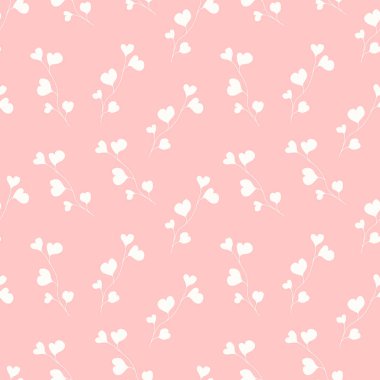 Dal ve yumuşak pembe renkli kalplerle kusursuz bir desen. Albüm, kartlar, kağıt eşyalar, arka plan, duvar kâğıdı, ambalaj, kumaş ve daha fazlası için tasarım. Vektör illüstrasyonu