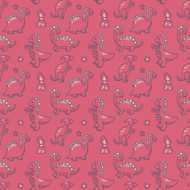 Pembe arka planda sevimli dinozorlar olan kusursuz bir model. Çocuk kıyafetleri için desen. Vektör illüstrasyonu