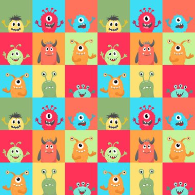 Sevimli canavarlarla parlak renksiz desenler. Çocuk kıyafetleri için desen, not defterleri için örtü, çocuk duvar kağıtları. Vektör illüstrasyonu