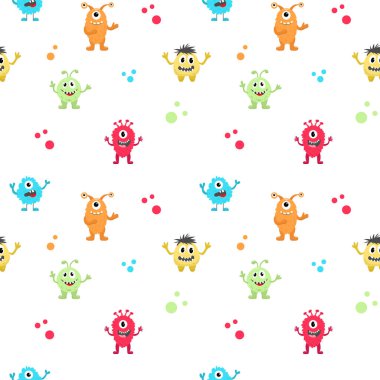 Beyaz arka planda renkli canavarlar olan kusursuz bir desen. Çocuk kıyafetleri için şablon, defterler ve daha fazlası için kapak. Vektör illüstrasyonu