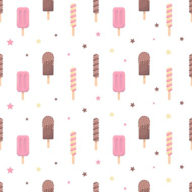 Kusursuz desenli, beyaz arka planda dondurma. Vektör illüstrasyonu