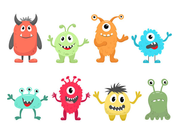 Set of cute colored monsters isolated on white background. Character design for kids. Vector illustration.