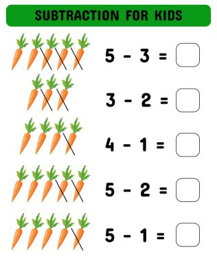 Anaokulu öğrencileri için havuçlu çıkartma oyunu. Anaokulu için eğitici matematik oyunu. Yazdırılabilir sayfa.