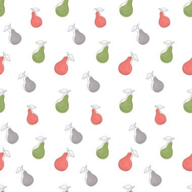 Biçimlendirilmiş renkli armutlar beyaz bir arkaplanda düz bir şekilde pürüzsüz desen