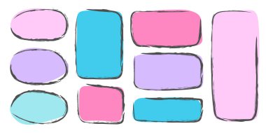 Karalama tarzında renkli çerçeveler. Metin için el çizimi kağıt çerçeve setleri. Renkli metin kutusu. Vektör illüstrasyonu