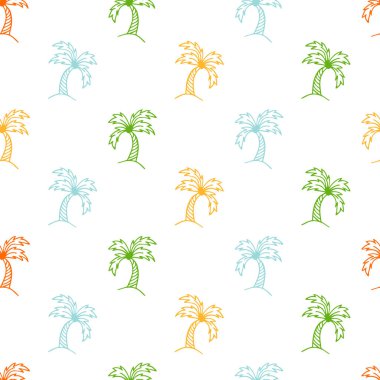 Beyaz arka planda karalama tarzında palmiye ağaçları olan kusursuz yaz deseni. Vektör çizimi. Paket kağıdı için yazdır, defterler için kapak, duvar kağıtları.