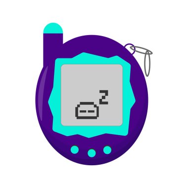 90 'ların cep oyuncağı Tamagotchi. Beyaz arka planda zincirlenmiş klasik tamagotchi. Vektör illüstrasyonu