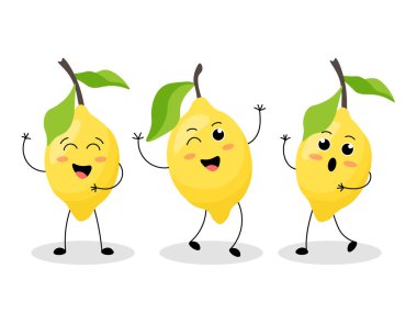Kawaii tarzında farklı duyguları olan limonlar beyaz arka planda izole edilmiş. Vektör illüstrasyonu