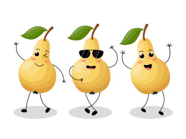 Kawaii tarzında farklı duyguları olan armutlar beyaz arka planda izole edilmiş. Vektör illüstrasyonu