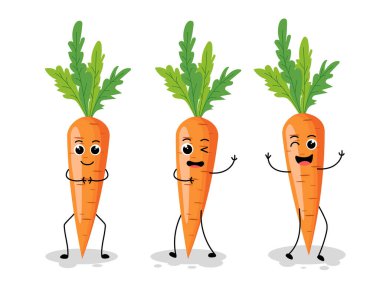 Beyaz arka planda, kawaii tarzında izole edilmiş havuç seti. Farklı duyguları olan havuçların vektör çizimi