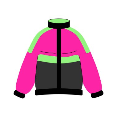 90 'ların tarzında kıyafetler. Sokak tarzı, nostalji. Beyaz arka planda neon rüzgarlıklar. Vektör illüstrasyonu