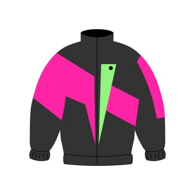 90 'ların tarzında kıyafetler. Sokak tarzı, nostalji. Beyaz arka planda neon rüzgarlıklar. Vektör illüstrasyonu