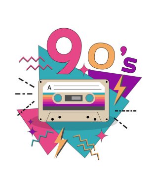 90 'ların diskosuna davetiye. İçinde 90 'lardan kalma retro ses kaseti olan bir poster. 90 'lara kadar. Vektör illüstrasyonu