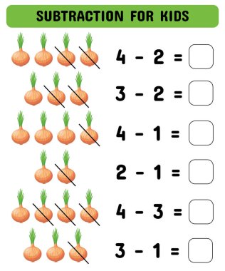 Soğanlı çıkartma oyunu. Anaokulu ve anaokulu öğrencileri için matematik oyunu. Yazdırılabilir sayfa. Vektör illüstrasyonu